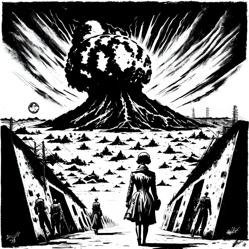 Monochrome illustration of person watching distant explosion.