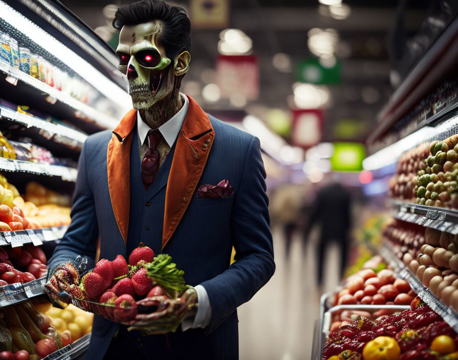 Skull-faced person shopping for fruits in a supermarket aisle