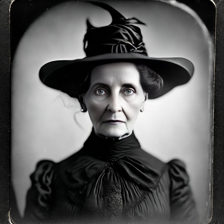 Vintage Black Attire Woman with Intense Gaze and Hat