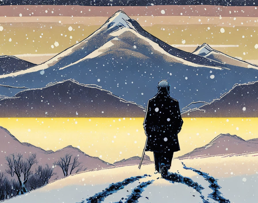 Solitary figure with walking stick in snow-covered mountains under starry sky