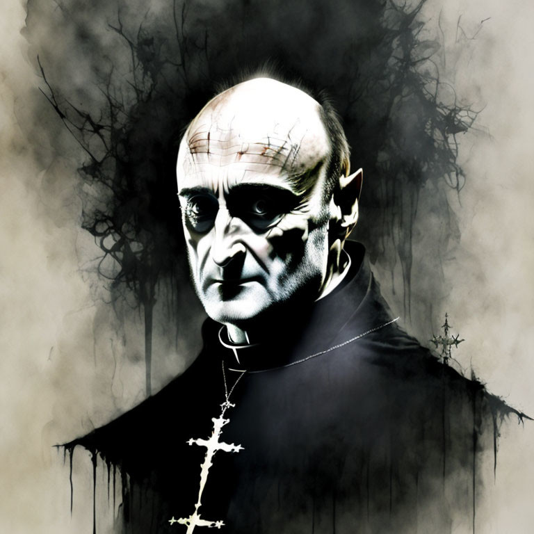 Sinister priest-like figure with pale, gaunt face and crucifix necklace in gloomy setting