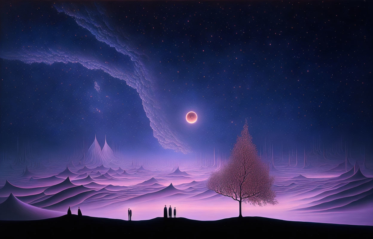 Surreal night landscape with silhouetted figures, lone tree, hills, galaxy, and