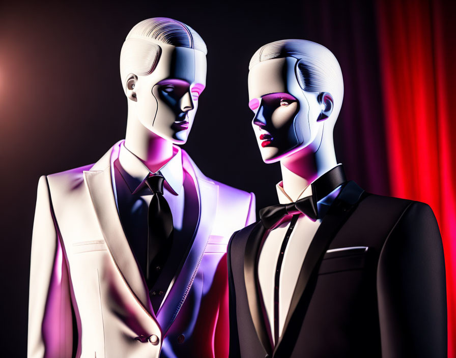 Elegant mannequins in suits against red curtain backdrop