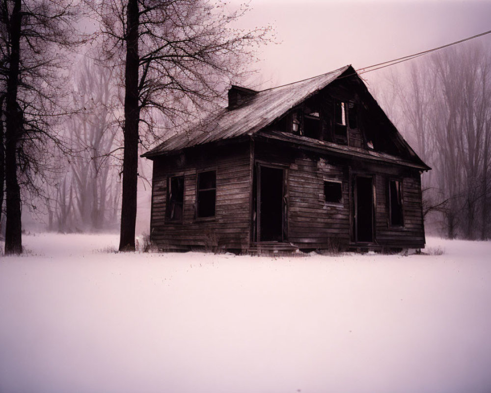 Abandoned wooden house in snow-covered landscape with bare trees