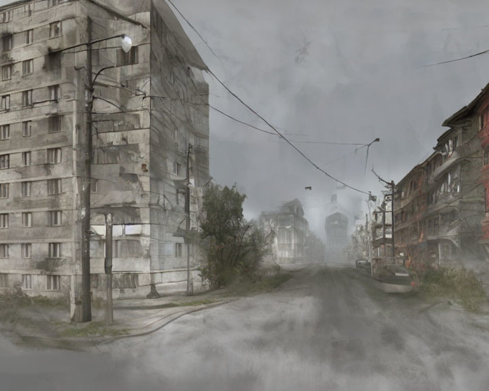 Desolate foggy street with dilapidated buildings & bare trees