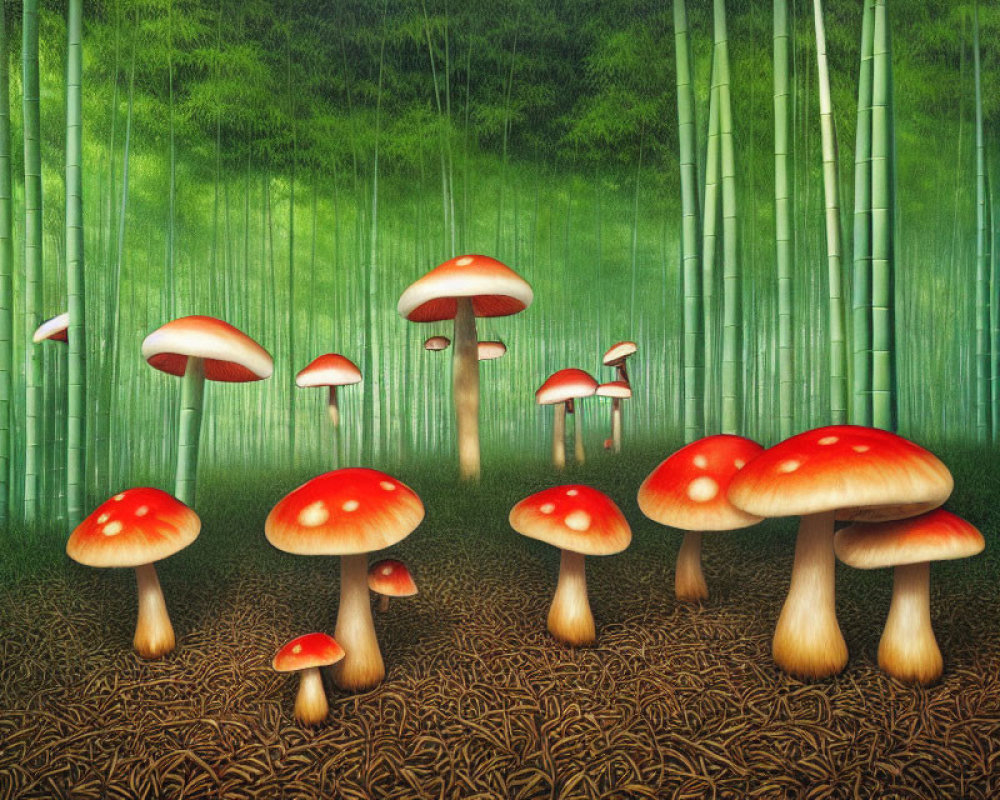 Whimsical illustration of vibrant red-capped mushrooms in bamboo forest