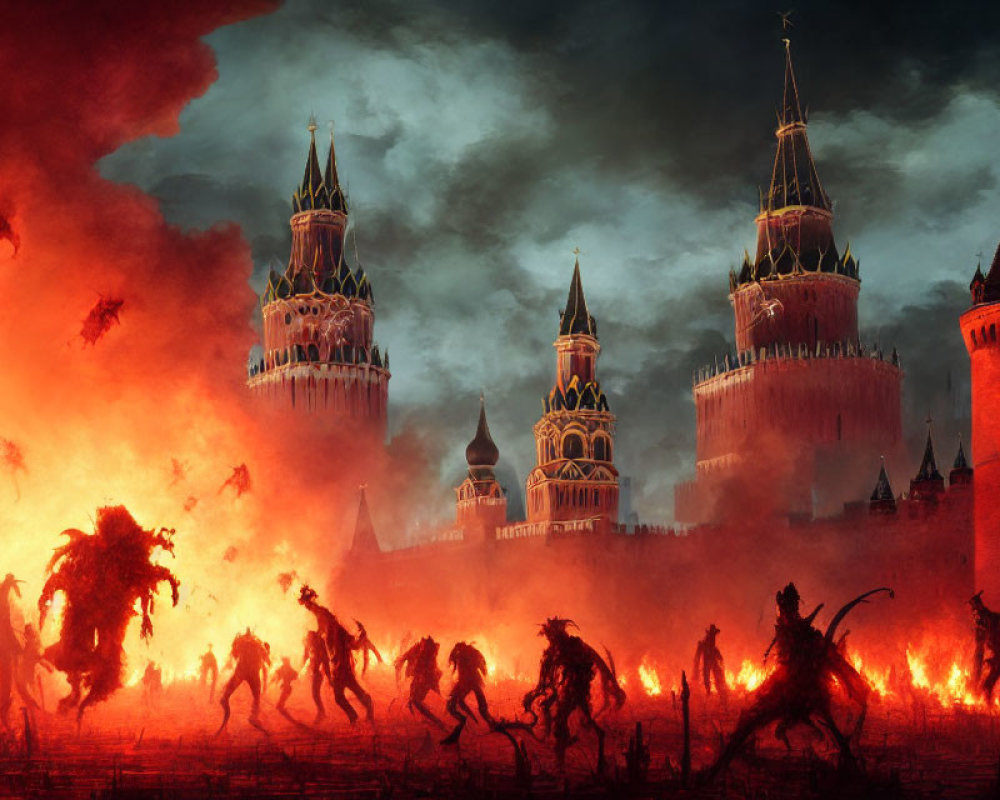 Fantastical fiery apocalypse with demon-like figures and medieval towers.