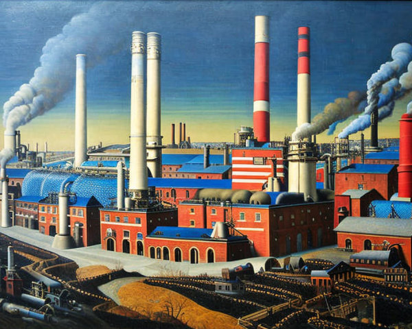 Industrial Landscape Painting with Factory Buildings and Smoke Chimneys