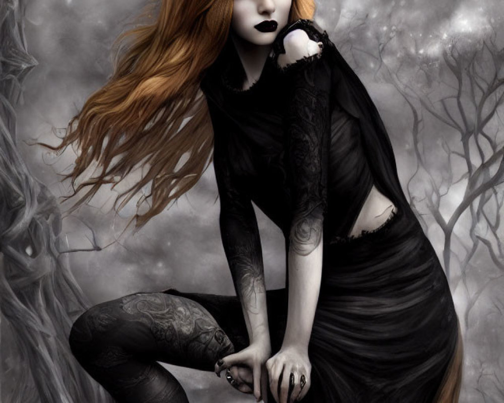 Gothic figure with red hair in black attire in monochrome forest