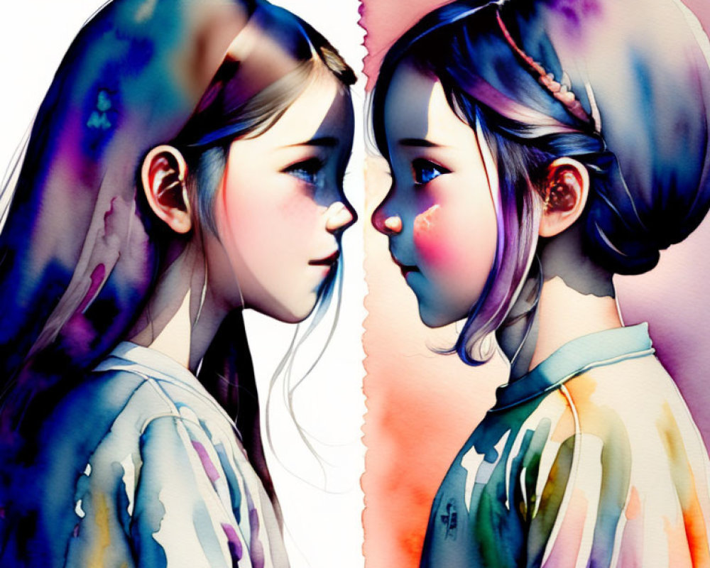 Illustrated girls in symmetrical watercolor composition