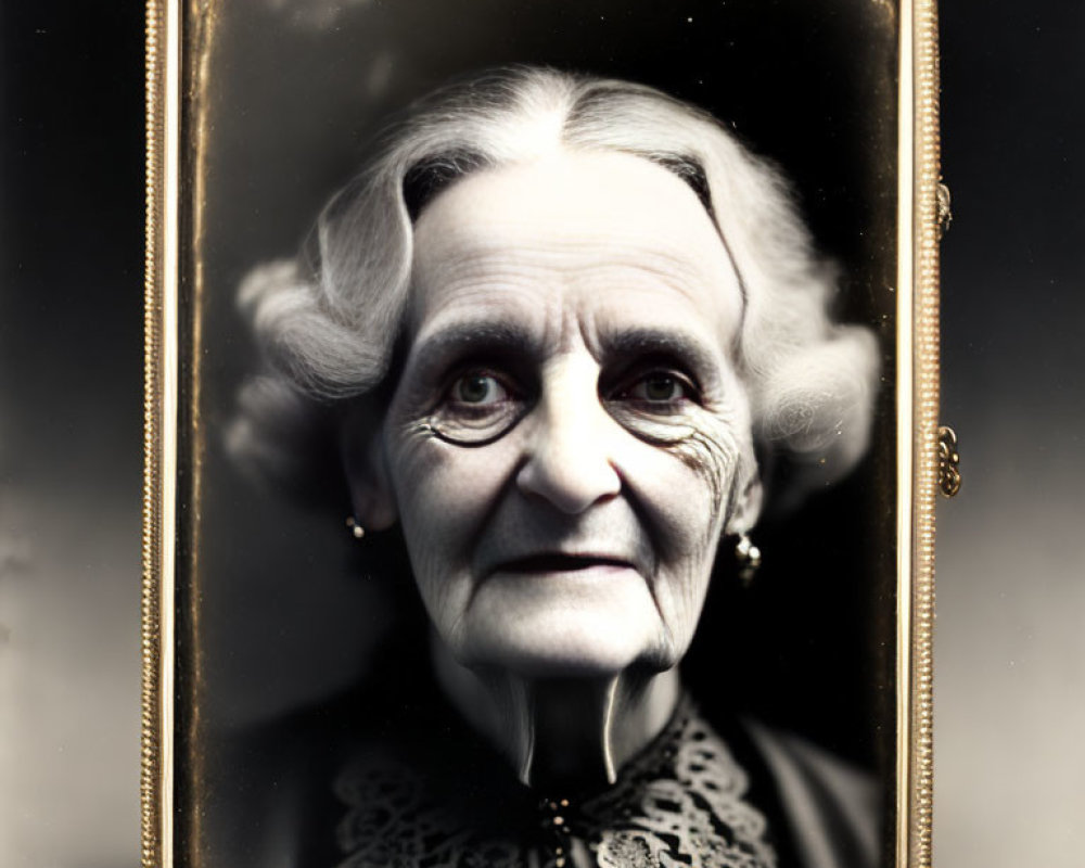 Monochrome vintage portrait of elderly woman with gentle smile in ornate oval frame