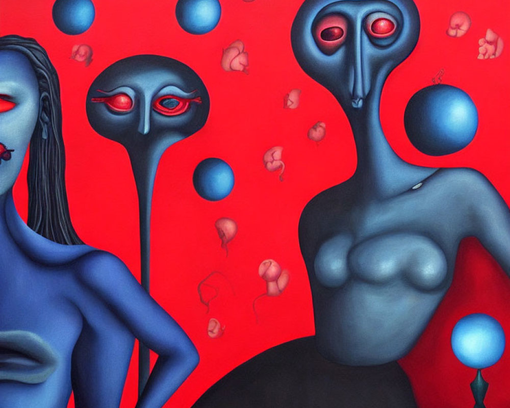 Surreal Blue Figures in Alien-Like Faces on Red Background