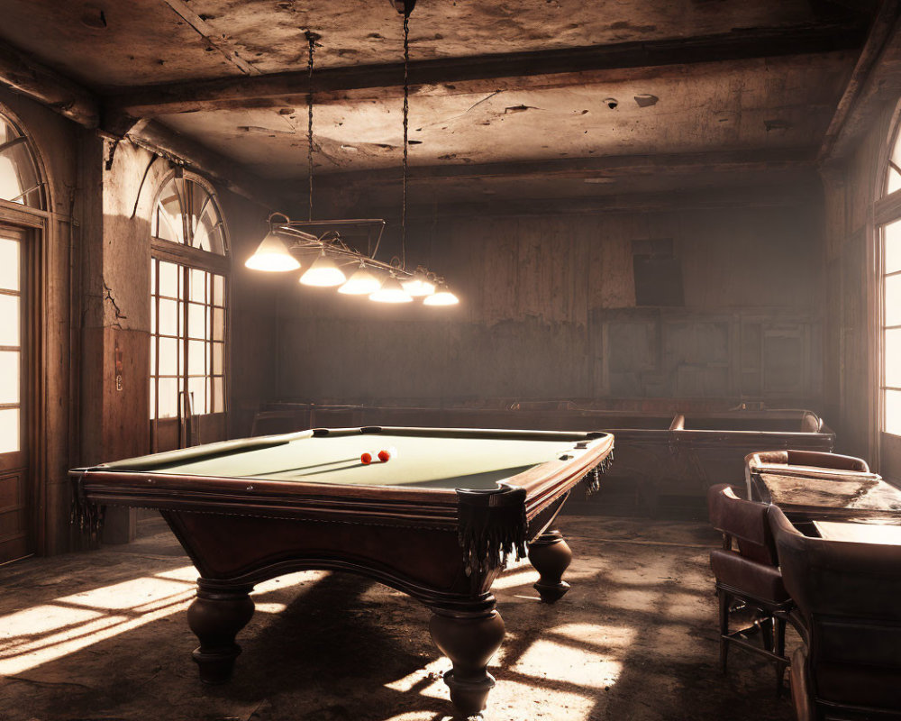 Dusty billiards room with worn furniture and large windows