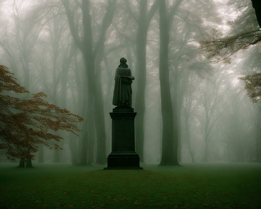 Solemn statue in misty forest landscape with towering trees