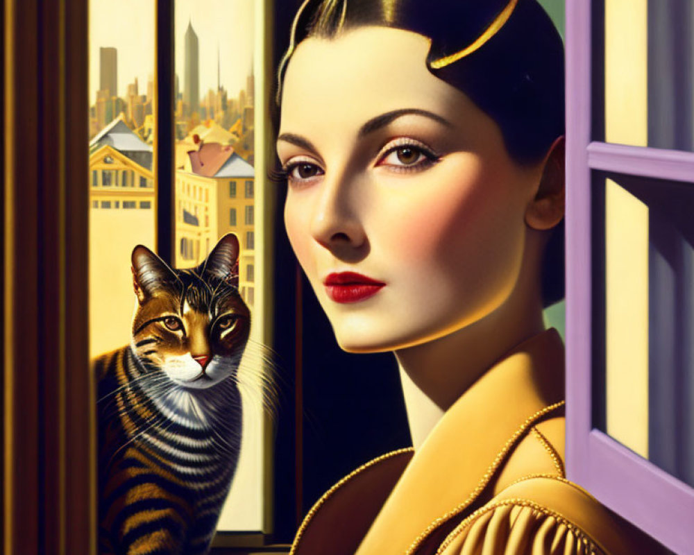 Stylized image of woman and cat with city skyline view in warm colors.