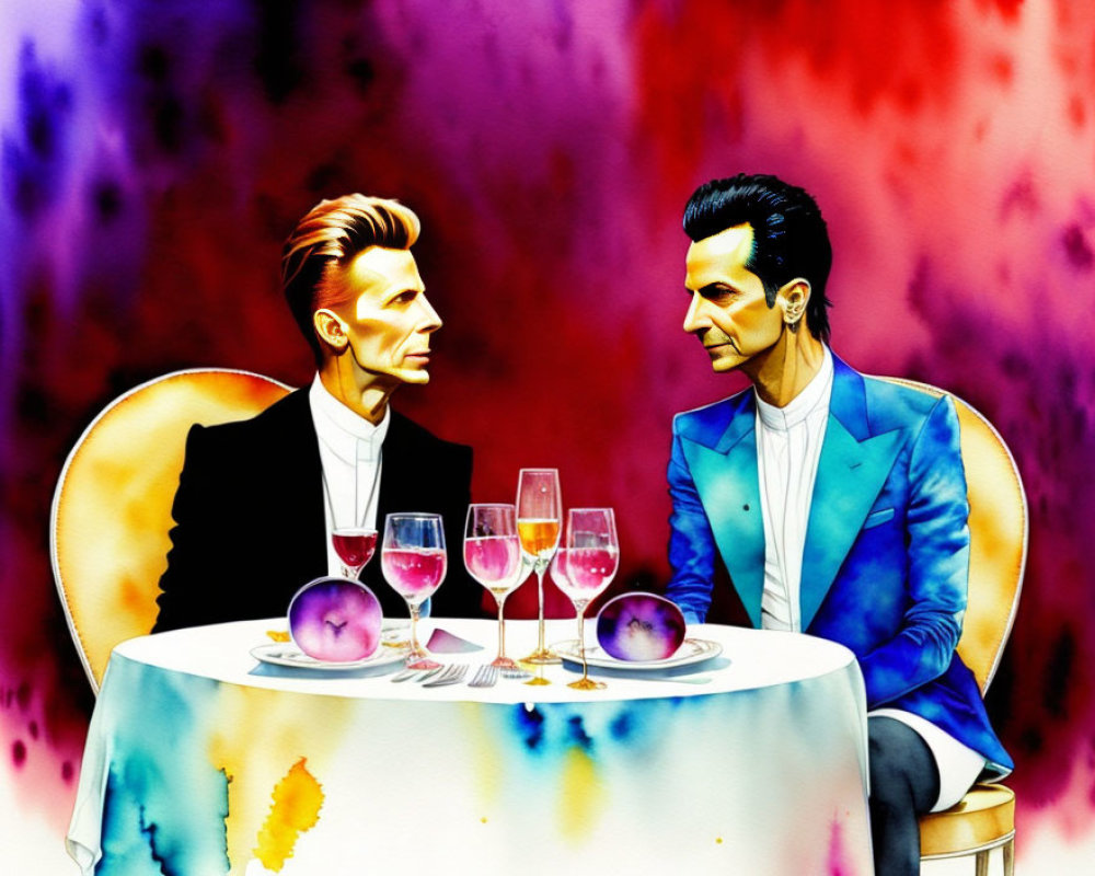 Vibrant Watercolor Illustration of Two Men at Dining Table