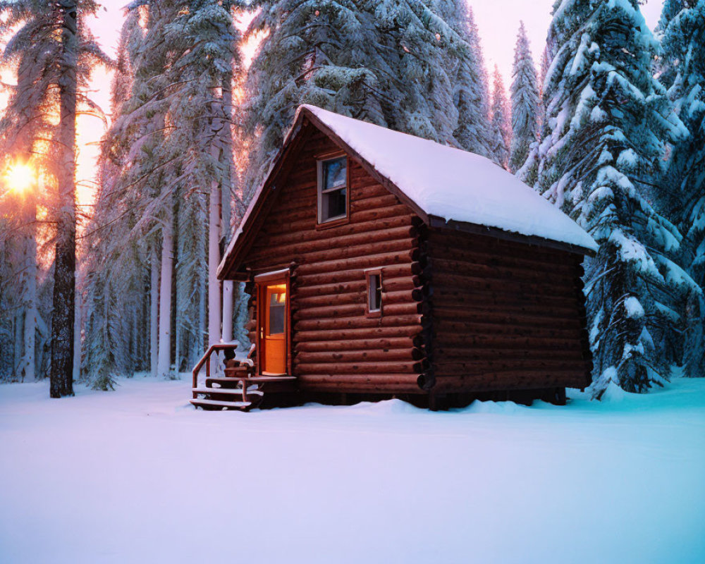 Snow-covered log cabin in a winter forest with frost-covered trees