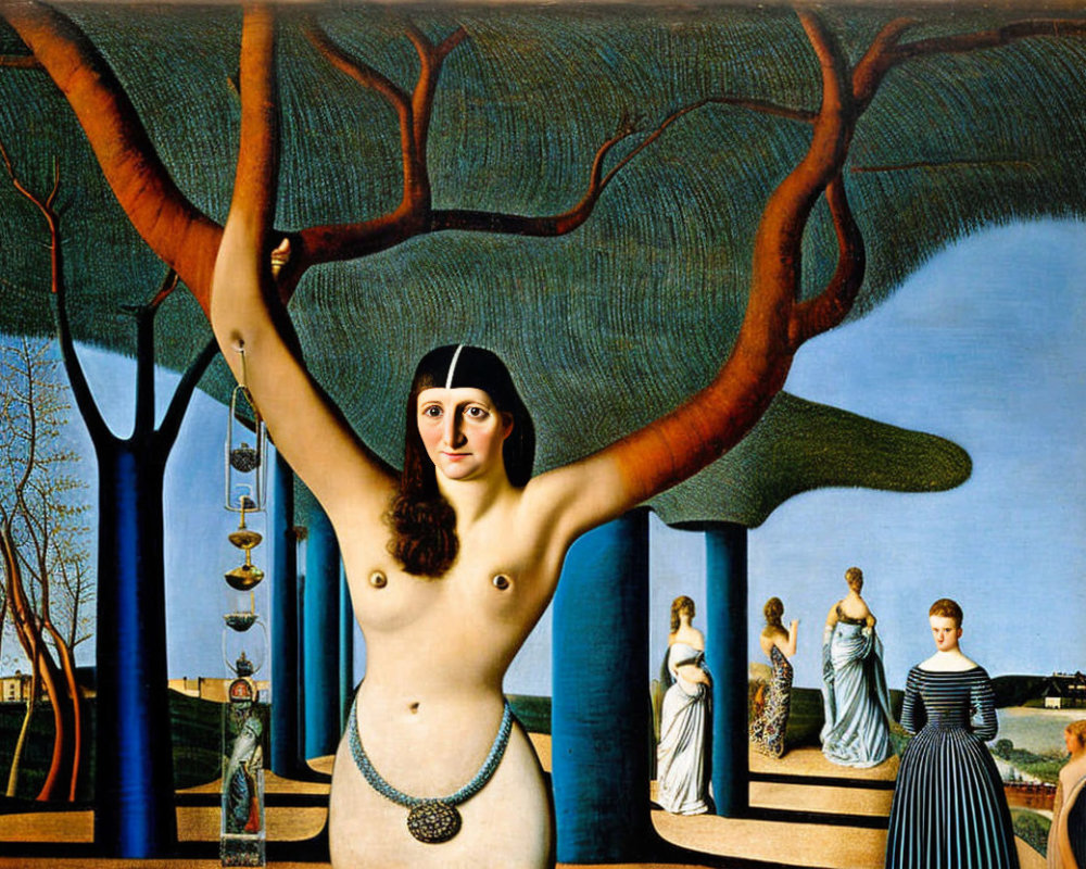 Surrealist painting of nude female figure with tree branch and classical figures by the sea