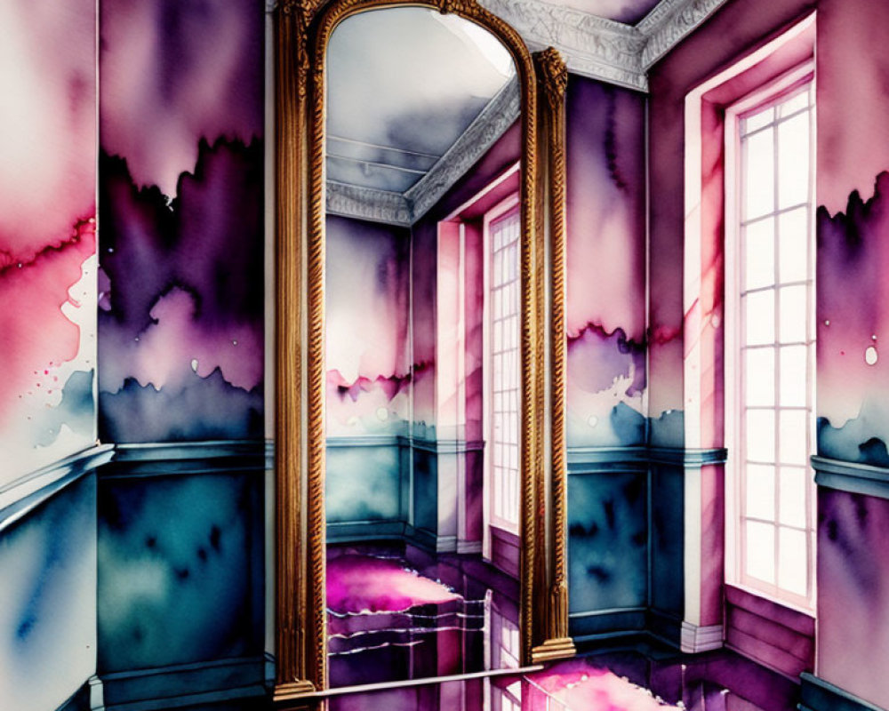 Colorful watercolor illustration: Ornate gold mirror in vibrant room with purple and pink palette and ink