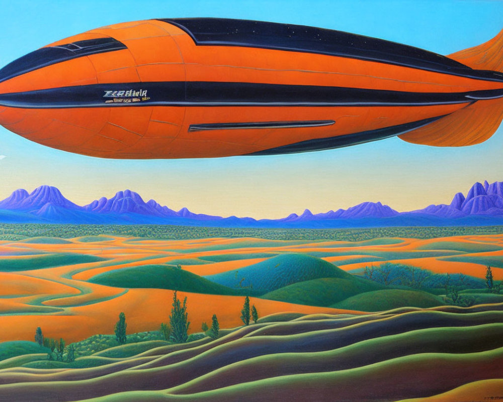 Futuristic orange airship over rolling countryside with blue mountains