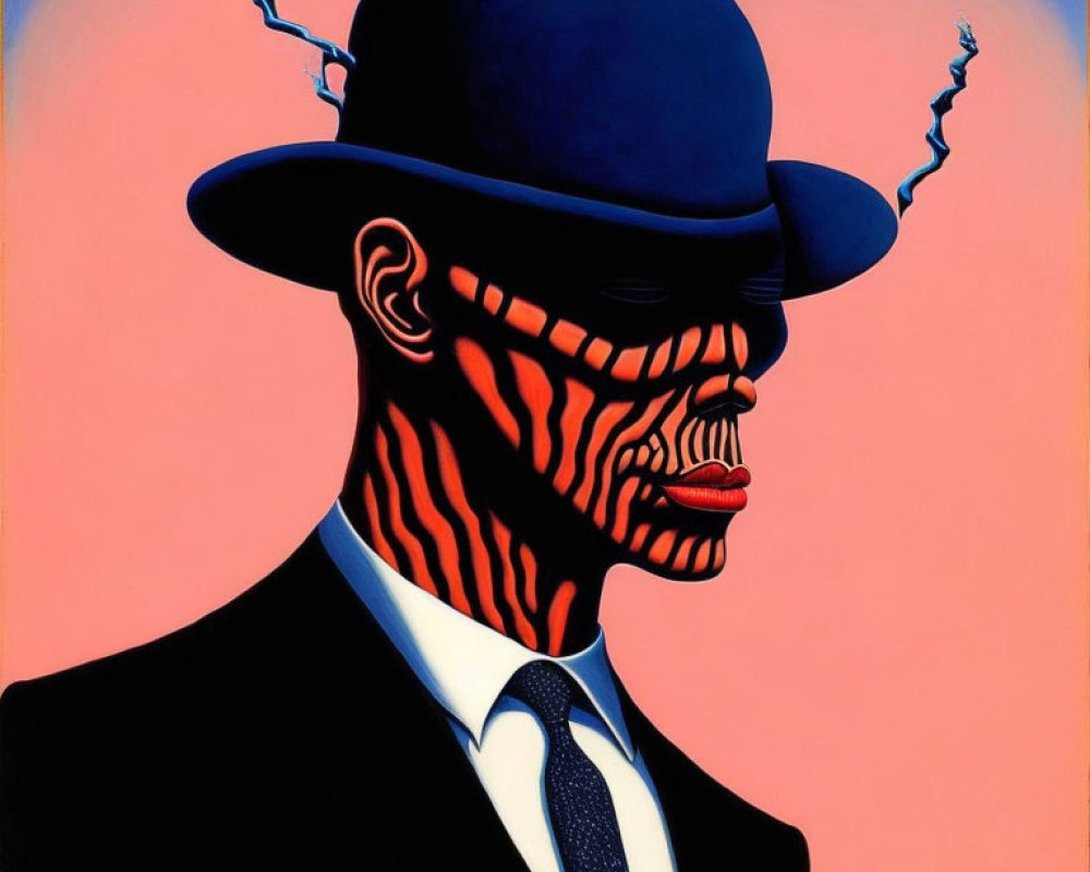 Zebra-Striped Face Portrait with Bowler Hat on Pink Background