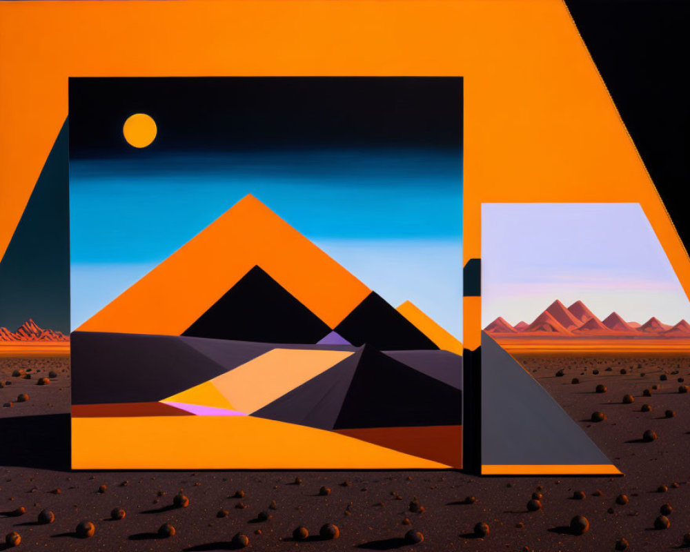 Geometric Abstract Art Over Desert Landscape and Sunset Sky