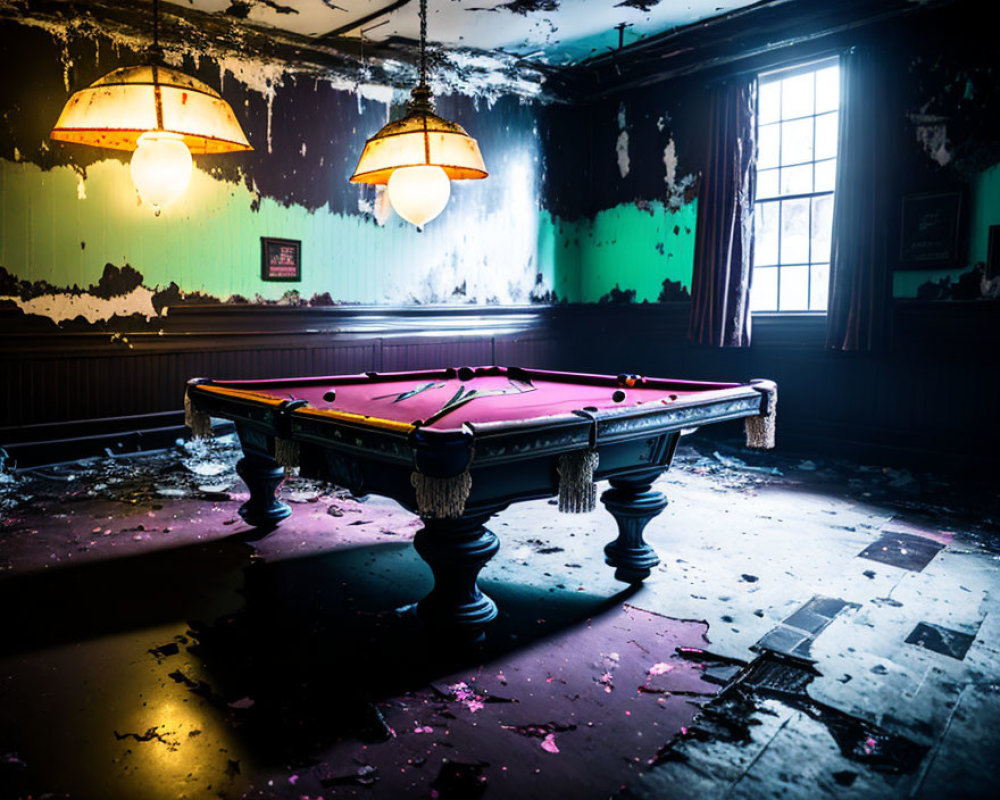 Abandoned billiards room with damaged red pool table and peeling walls