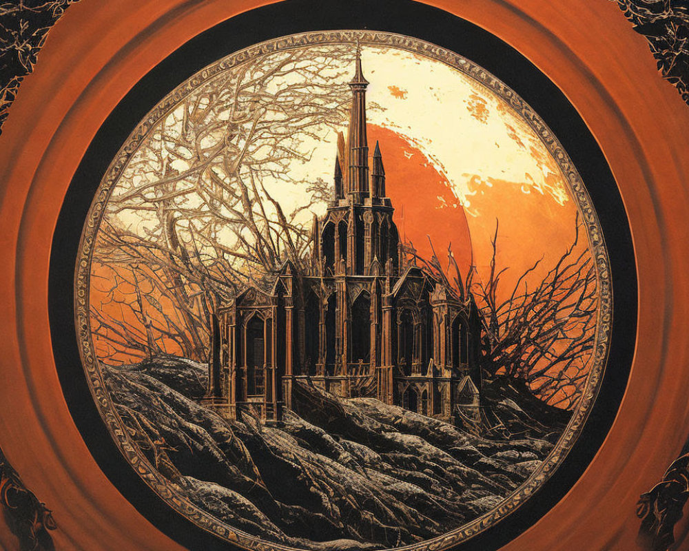 Gothic cathedral in circular frame with barren trees on orange and black background