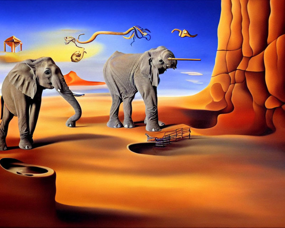 Surreal Landscape: Elephants, Distorted Shapes, Orange Tones