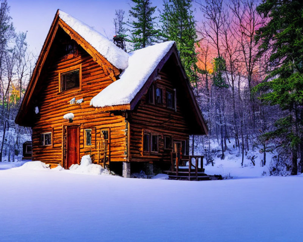 Snow-covered wooden cabin in twilight setting with surrounding trees