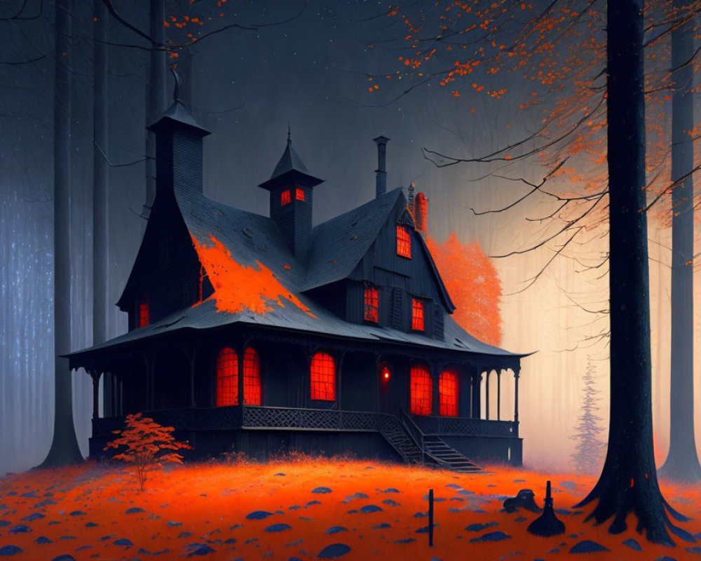 Gothic-style House with Glowing Red Windows in Forest Setting