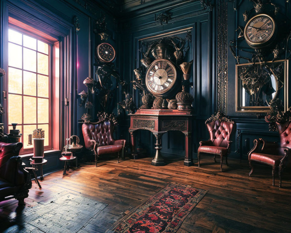 Dark Vintage Room with Clocks, Art, Leather Armchairs, Wooden Floors, and Warm Light