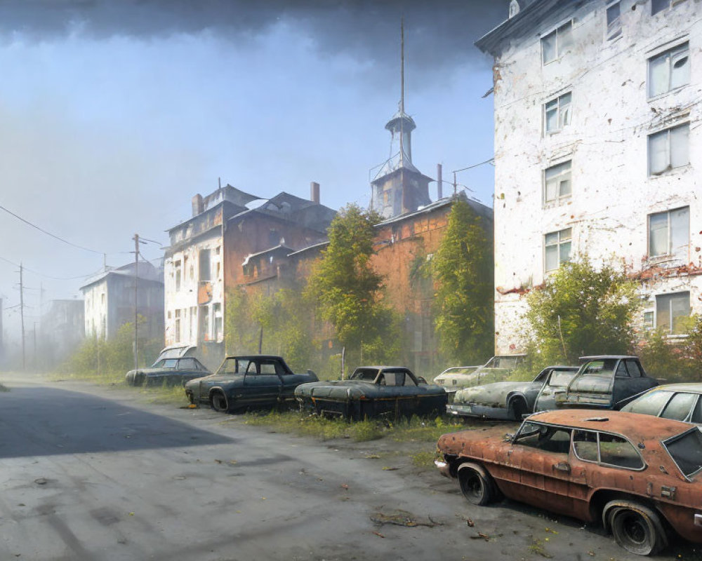 Desolate urban street with decaying buildings and rusty cars in foggy setting