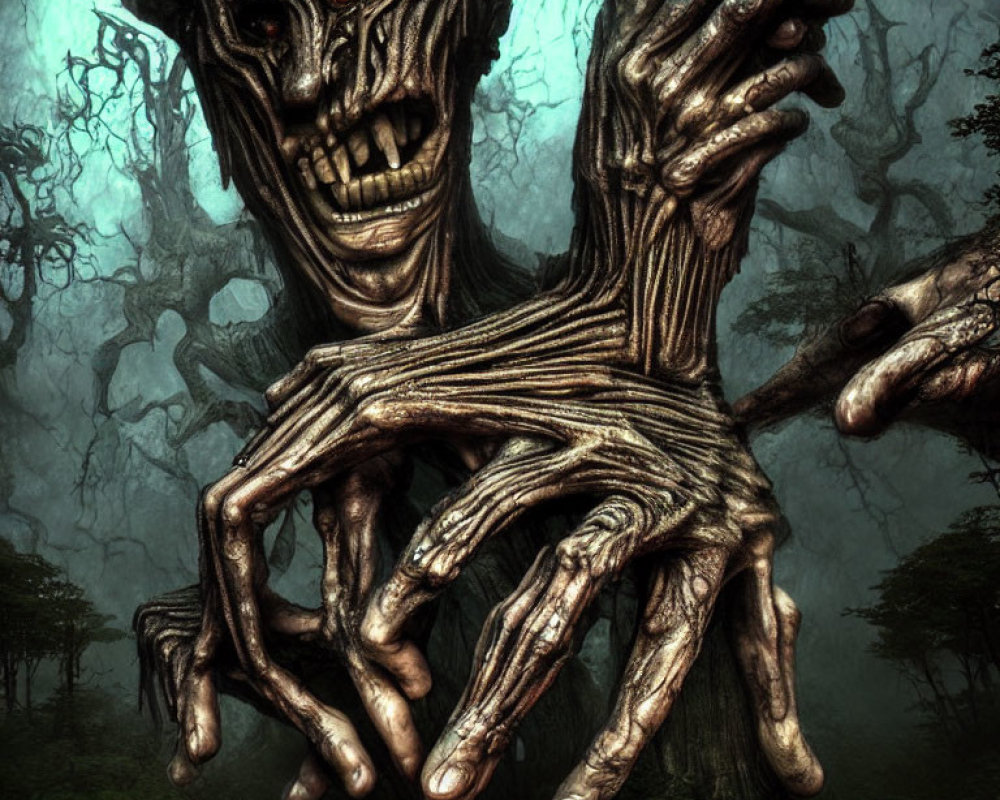 Menacing tree creature with humanoid features in foggy forest