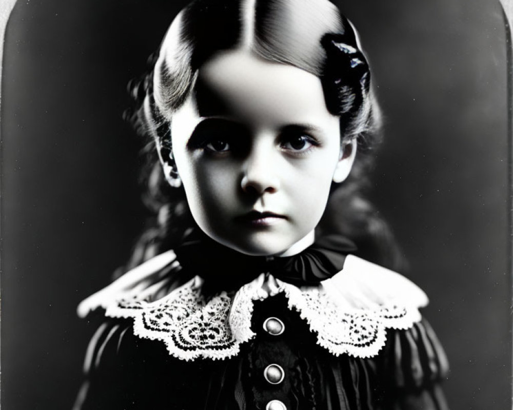 Portrait of young girl with wavy hair, ribbon headpiece, dark dress, lace collar.