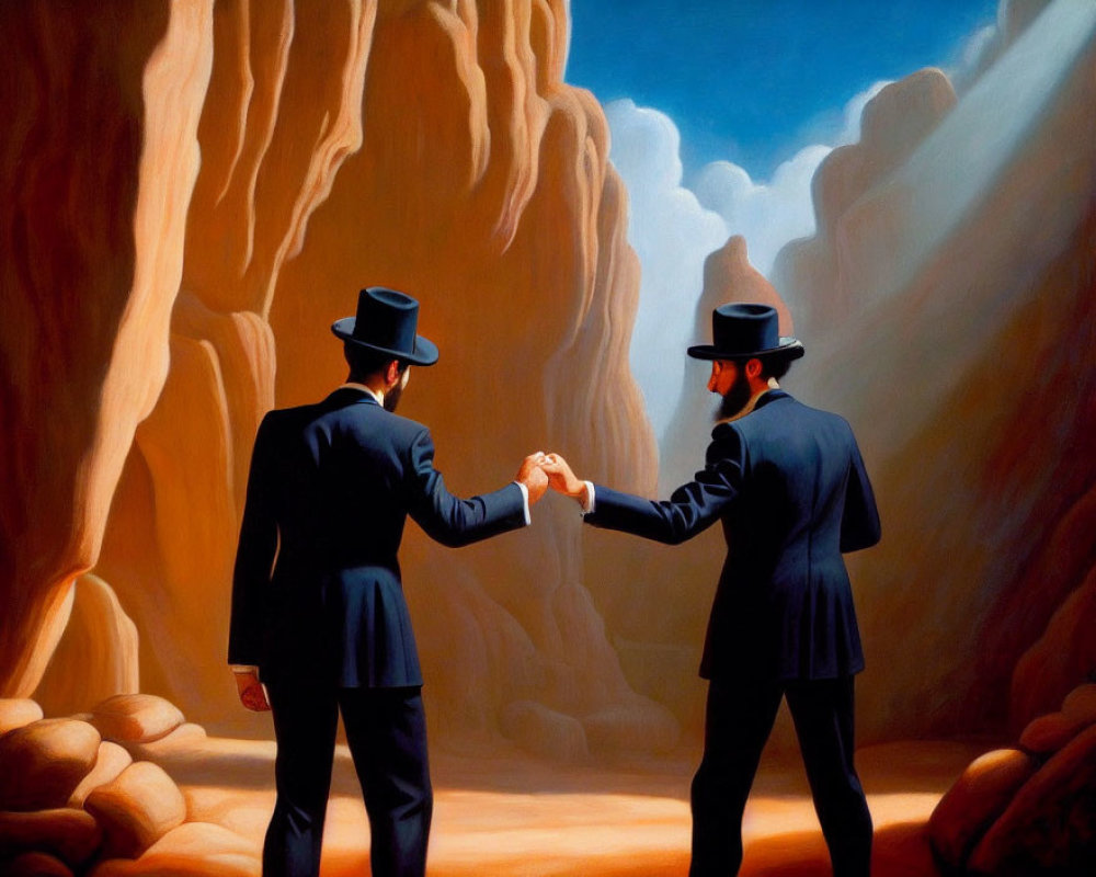 Men in suits and hats shake hands in sunlit canyon with long shadows.