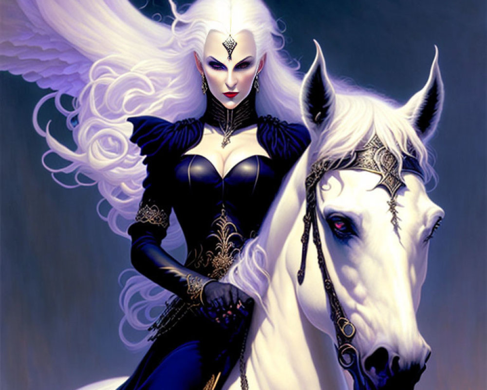 Illustration of pale-skinned female with silver hair in black outfit beside white horse