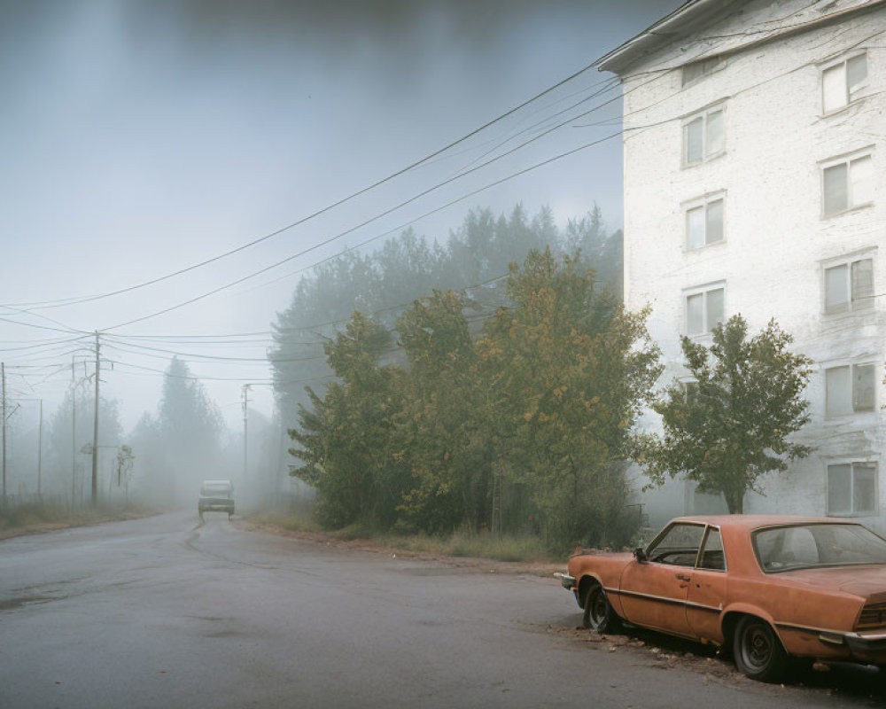 Abandoned rusty car on foggy day with white building and trees