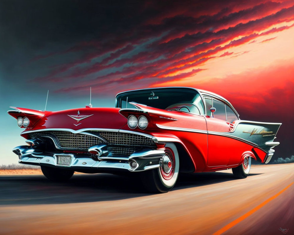 Vintage Red and White Car with Dramatic Tailfins on Road at Sunset