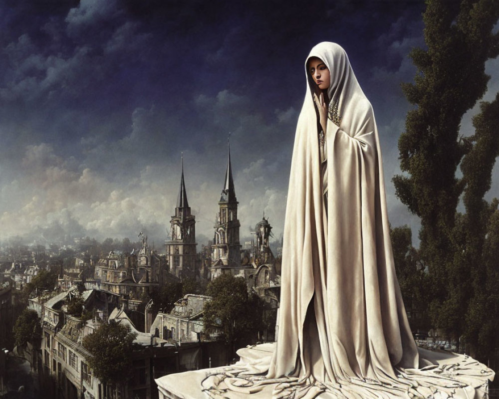 Woman in white cloak on building gazes at historic city skyline under dramatic sky