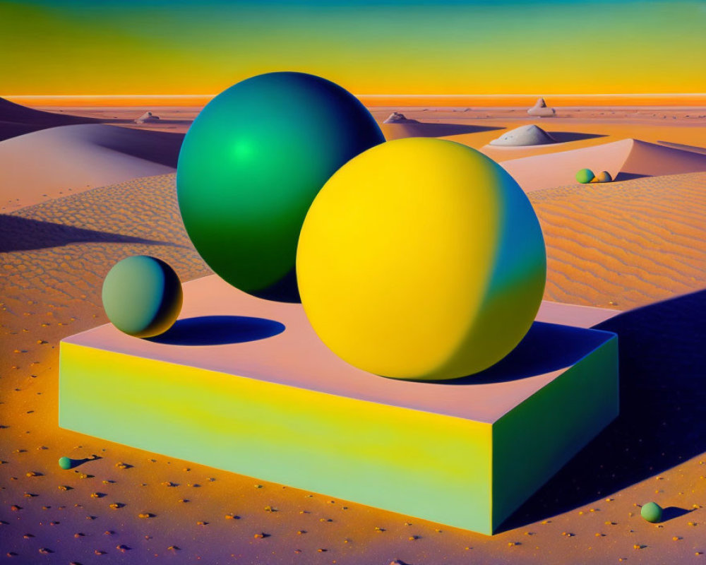 Surreal landscape with yellow, green, and blue spheres on geometric platform