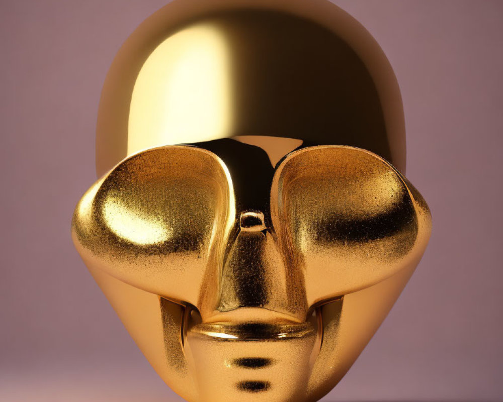 Golden Reflective Human Face Sculpture on Purple Background