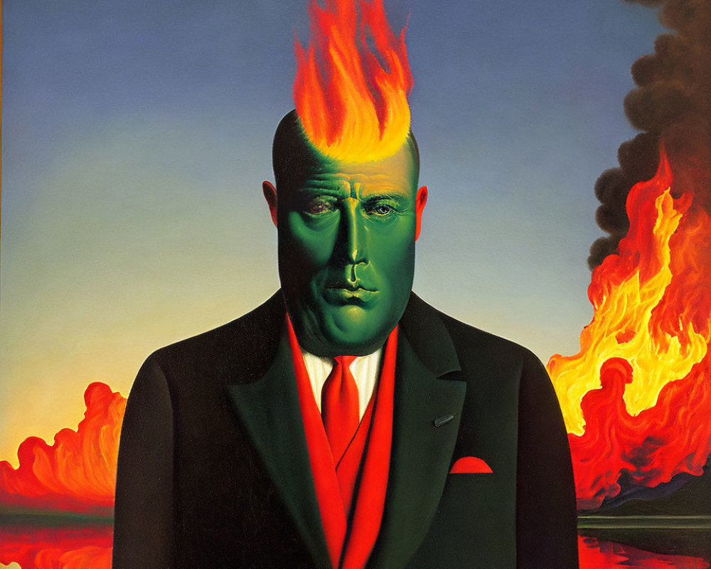 Surrealist painting: Man in suit with flaming head, sea backdrop.