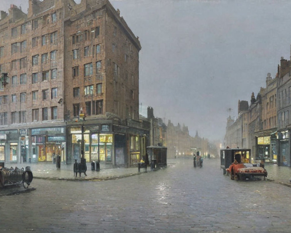 Vintage cars and pedestrians on misty city street at dusk