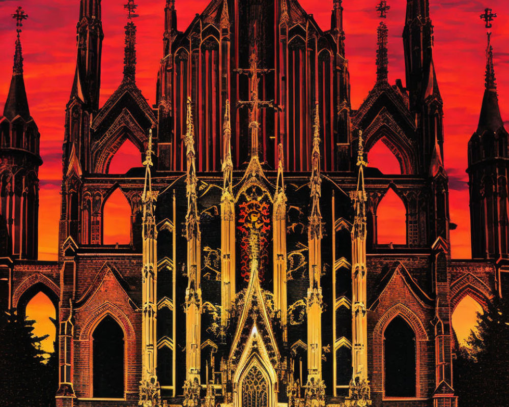 Intricate Gothic Cathedral Facades Against Fiery Red Dusk Sky