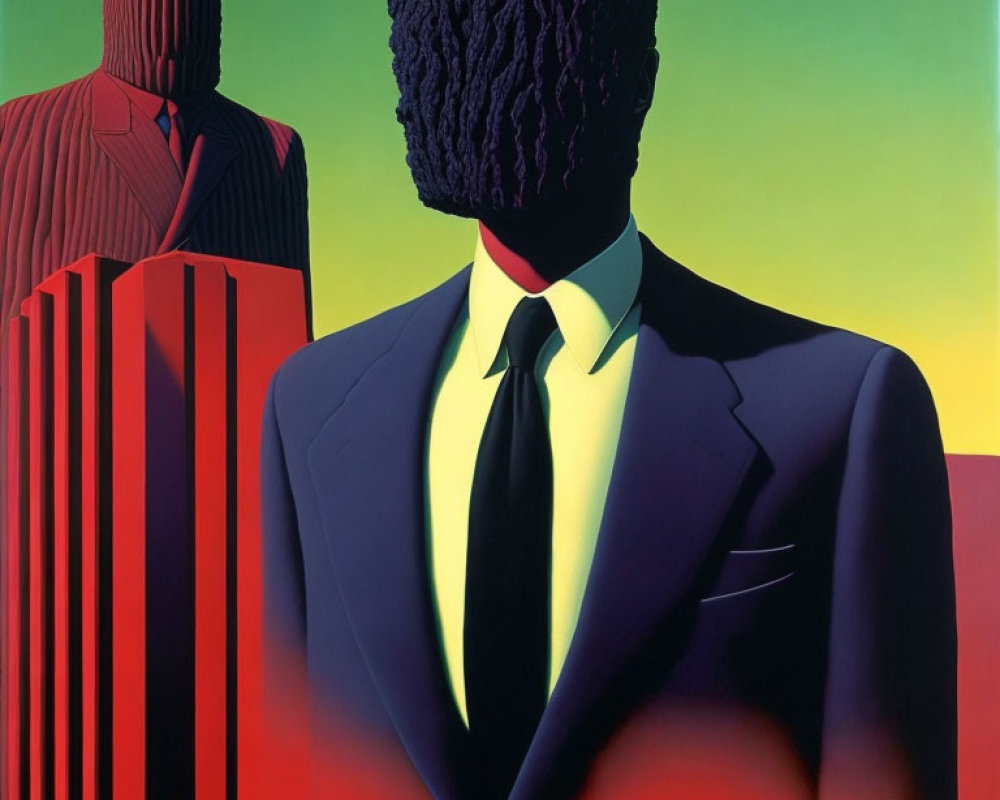 Stylized men in suits against vibrant abstract background