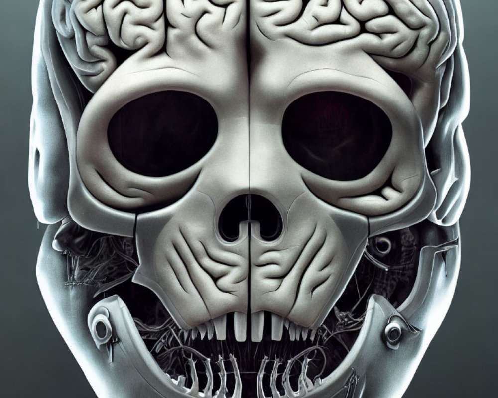 Digital artwork: Human skull with mechanical structure and visible brain, blending organic and robotic elements in grey palette