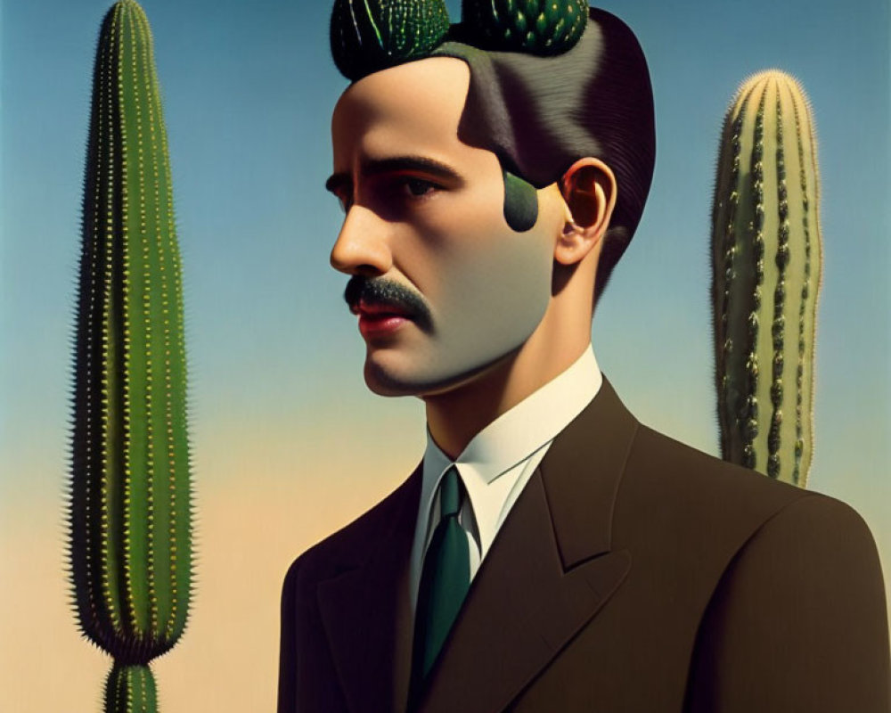 Surrealistic portrait of a man with cacti, clear sky background