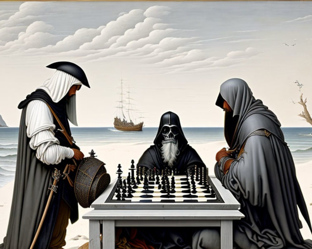 Figures in cloaks play chess by the sea with skull-faced player, ship in background