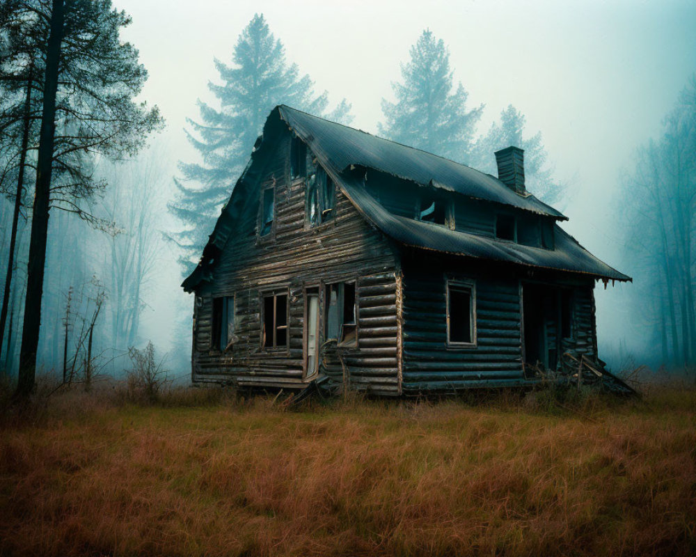 Desolate log cabin in misty forest clearing